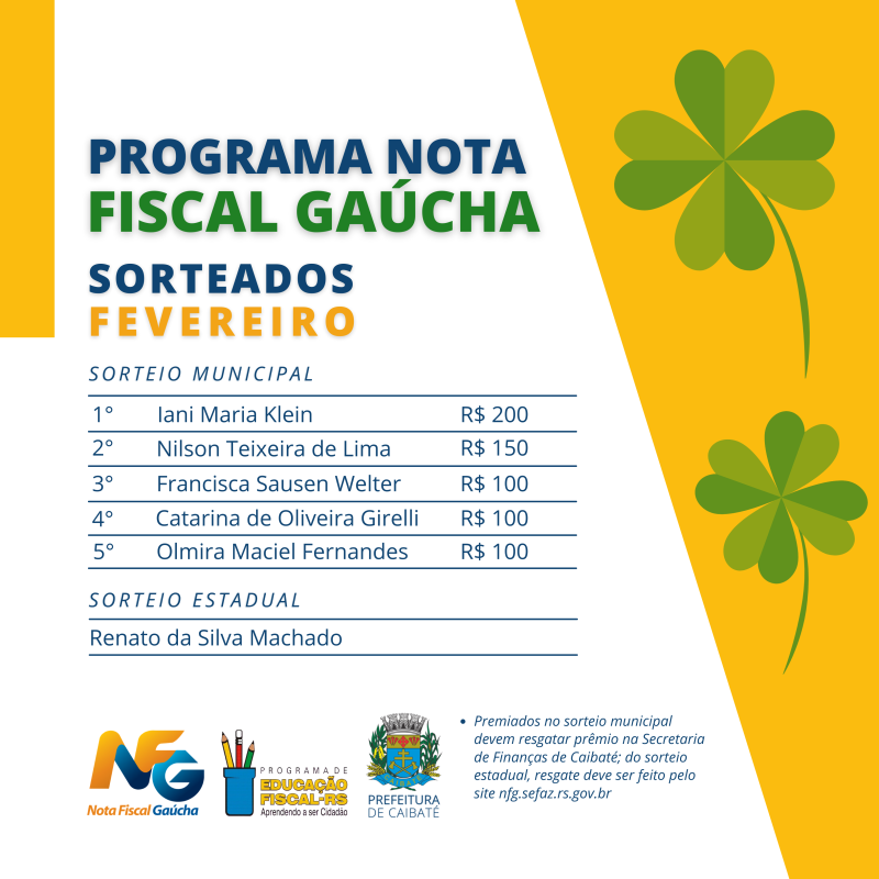 CONFIRA PREMIADOS DO MÊS NO NOTA FISCAL GAÚCHA
